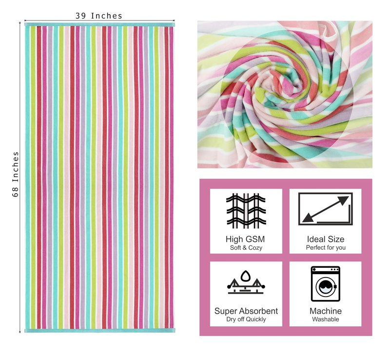 COTTON CRAFT Oversized Beach Towel - 2 Pack XL 39 x 68 inches Big & Huge Beach Blanket Towel - 100% Cotton Dobby Terry Velour Stripe - Super Soft Luxury - Pool Picnic Bath - Pink Multi