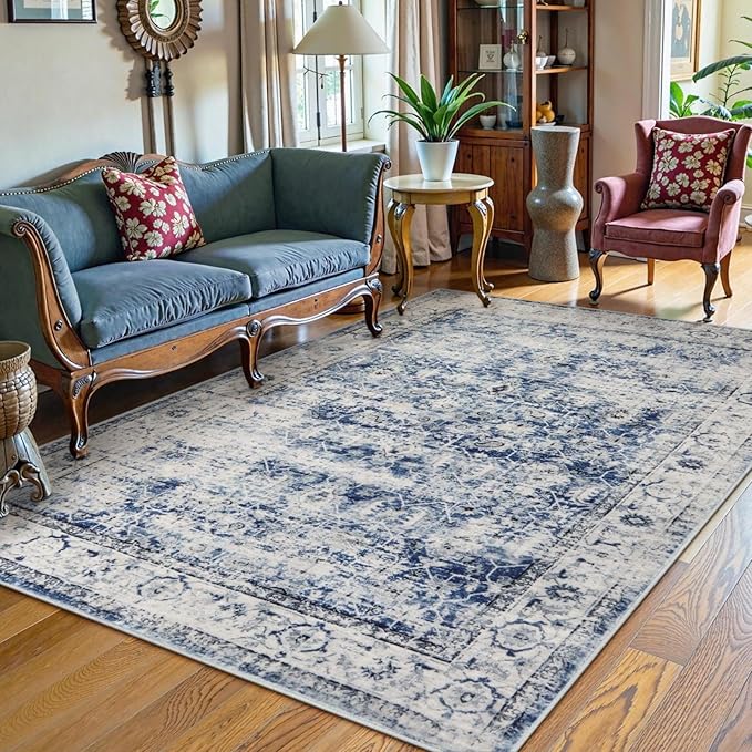 Lahome Washable Rugs 5x7 Area Rugs,Blue Rug for Bedroom Soft Rug for Bedroom Aesthetic Boys,Retro Distressed Non Slip Throw Carpet Dining Room Rugs for Under Table