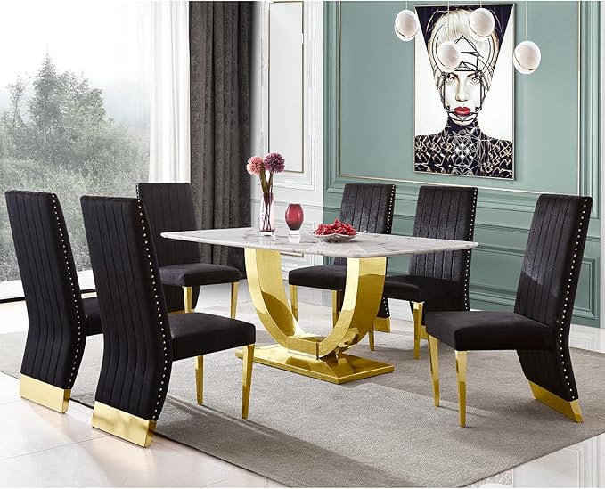 AUZ Black Velvet Dining Chairs Set of 2, Black and Gold Dining Chairs with Nailhead Trim and Polished Gold Legs, Gorgeous Upholstered Kitchen and Dining Room Chairs