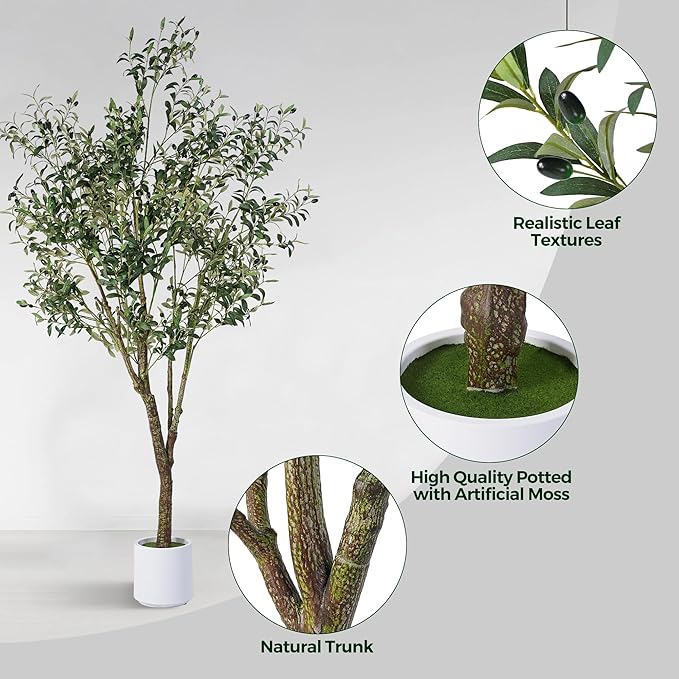 Artificial Olive Tree 6FT, Indoor Fake Silk Plant with Realistic Trunk, Leaves, Fruits and White Planter, Faux Potted Tree for Home Decor and Housewarming Gift, 1 Pack
