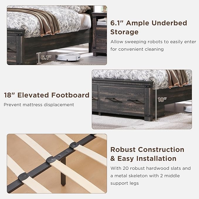 T4TREAM Farmhouse Queen Size Bed Frame with 54" Tall Geometric Headboard & 2 Large Storage Drawers, Rustic Wood Platform Bed with Wood Slats Support, No Box Spring Needed, Dark Rustic Oak