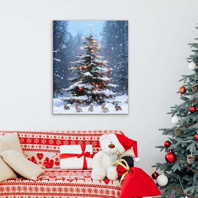Framed Christmas Pictures Wall Decor,Vintage Pine Tree Prints,Winter Christmas Canvas Wall Art Decoration for Bedroom Bathroom Living Room Rustic Xmas Holiday Gifts (Christmas Tree 17, 12'' X 16'')