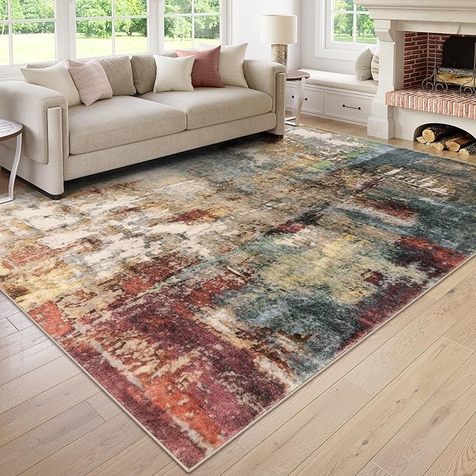 Lahome Modern Abstract 9x12 Area Rugs for Bedroom, Washable Living Room Rug for Bedroom Low Pile Non Slip, Red Soft Indoor Accent Carpet for Dining Room Table Home Decor Use