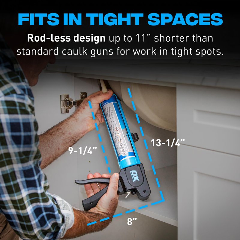 OX Pro Compact Caulk Gun - 10 oz Rodless Manual Caulking Gun Tool - 7:1 Thrust Ratio Designed for Tight Spaces, Includes Belt Clip - Pistola De Silicona