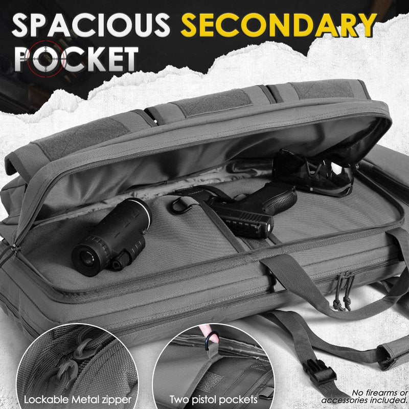 DULCE DOM Double Rifle Case 42'' Soft Gun Bag Tactical Backpack with Movable Divider for Hunting Shooting Range, MOLLE System Multiple Magazine Pouches & Accessory Bags (GREY)