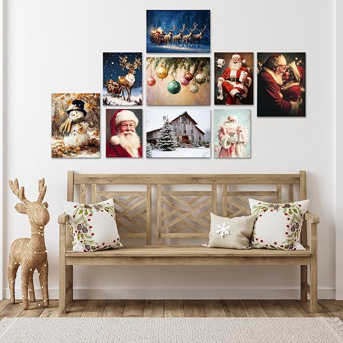 Pink Santa Christmas Canvas Wall Art - Elegant Winter Decor Framed Print for Girls Bedroom, Vintage Christmas Wall Art with Glitter Accents, Ready-to-Hang Christmas Gifts for Women