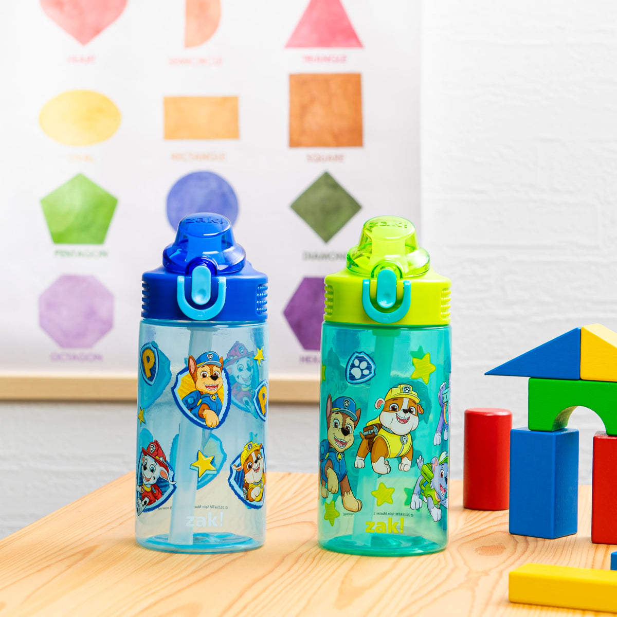 Zak Designs PAW Patrol Sage Kids Water Bottle For School or Travel, 16oz Durable Plastic Water Bottle With Straw, Handle, and Leak-Proof, Pop-Up Spout Cover, 2-Pack Set Chase & Friends