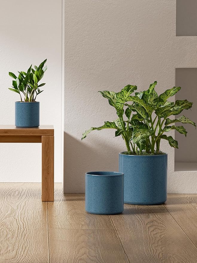 LE TAUCI Ceramic Plant Pots Indoor, 10+8+6 Inch Planters for Indoor Plants, Mid-Century Modern Flower Pots with Drainage Hole and Plug, Cylinder Round Planters, Set of 3, Reactive Glaze Blue