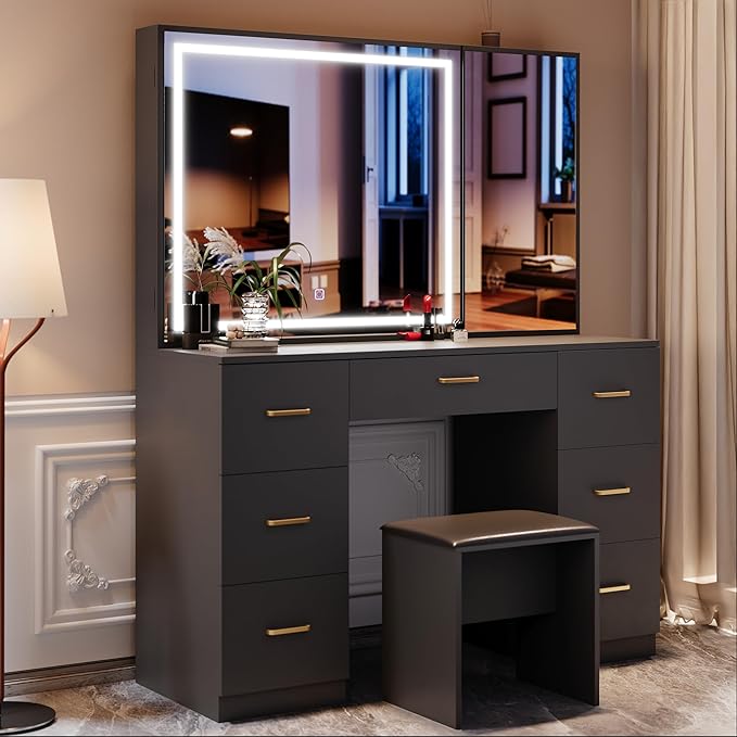 Vanity Desk with Large Mirror and Lights, Black Makeup Vanity with 7 Drawers, Adjustable Brightness Vanity Table with Glass Door Cabinet, Modern Vanity Set with Stool for Bedroom