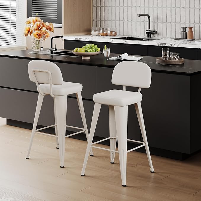 Aklaus PU Leather Metal Bar Stools 26 inch Faux Leather Counter Height Barstools Set of 2 Modern Farmhouse Bar Chairs with High Backs and Faux Leather Seat for Kitchen Island Dining Room Off White