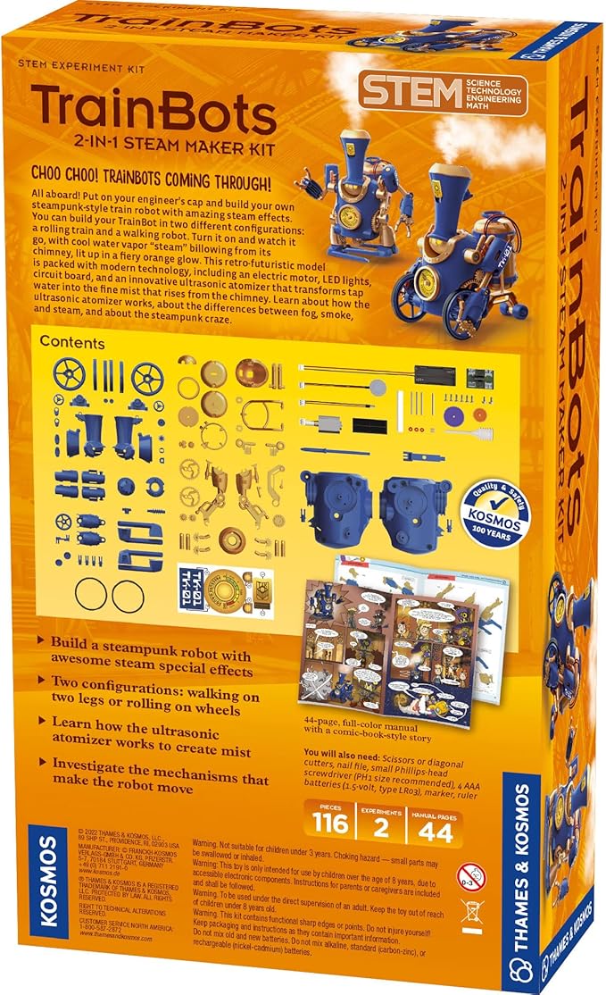 Thames & Kosmos TrainBots: 2-in-1 STEAM Maker Kit | Build 2 Steampunk Robots w/LED Lights | Explore Robots & Engineering | Includes Ultrasonic Atomizer | Ages 8+ with Help; 12+ for Independent Play