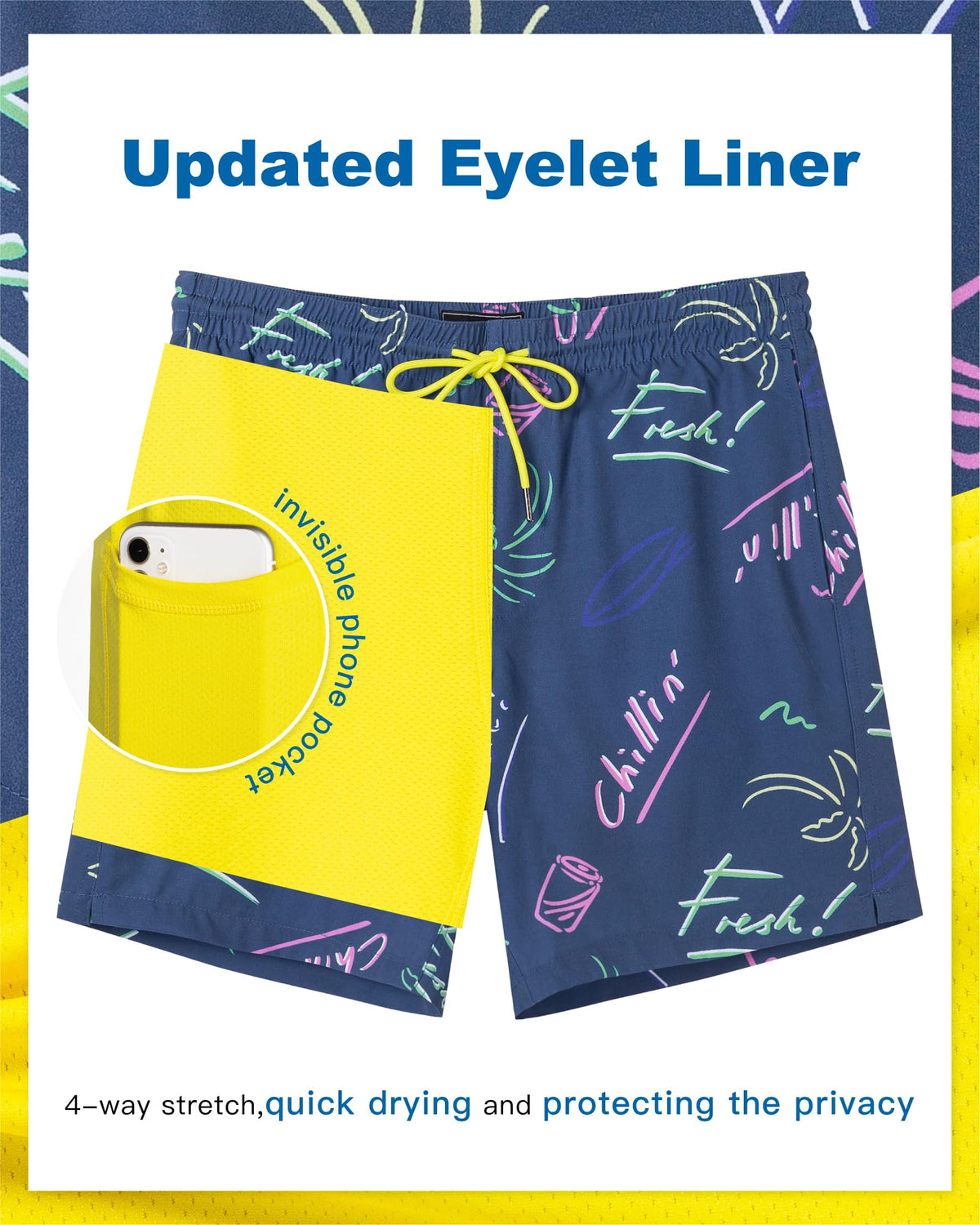 SURF CUZ Mens Swim Trunks with Compression Liner Quick Dry Swim Shorts 7" Swimming Trunks Stretch Bathing Suit 7 Inch,Mariner Doodles,L