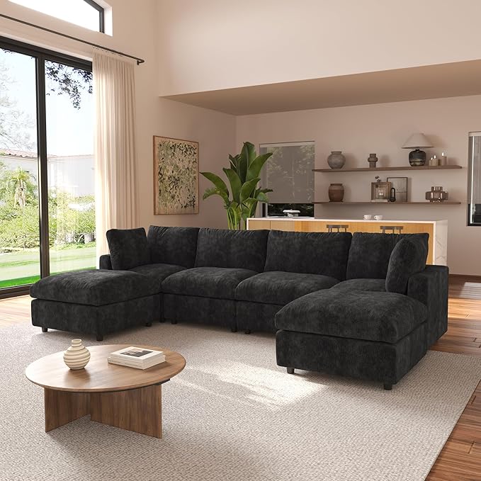 JACH U Shape Sectional Couches for Living Room, Modular Sofa with Chaise Ottomans, Cloud Sectional Couch, Sofa Covers Washable, Minimalist Couch for Living Room, Apartment, Black