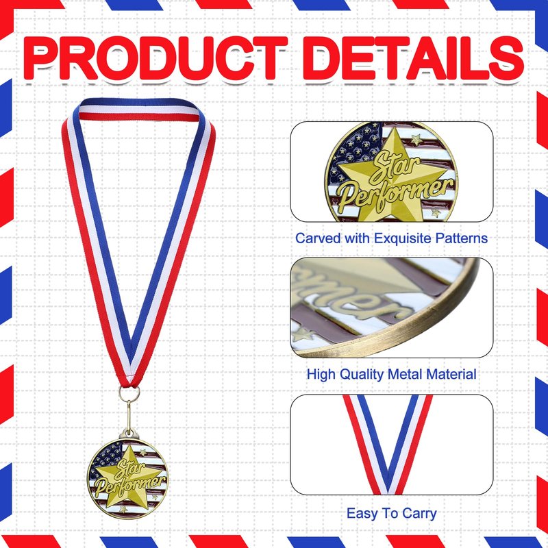 Cunno 20 Pcs Patriotic Star Performer Award Medals Bulk 2'' Gold Academic Medallion with Neck Ribbons Metal Trophy Award Prize Gift for Tournaments Competitions Party