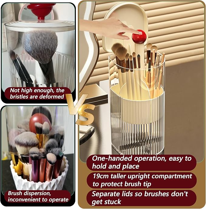 Makeup Brush Holder with Lid, One-Hand Press Open/Close Mechanism Cosmetic Tools Organizer, Clear Waterproof Dustproof Make Up Storage for Vanity, Bathroom Countertop-Cream-Red Ball