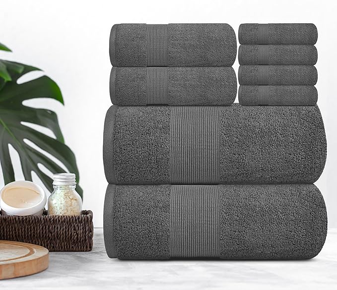 White Classic Resort Collection Soft Bath Towel Set | Luxury Hotel Plush & Absorbent Cotton | 2 Bath Towels, 2 Hand Towels and 4 Washcloths [8 Piece, Smoke Grey]
