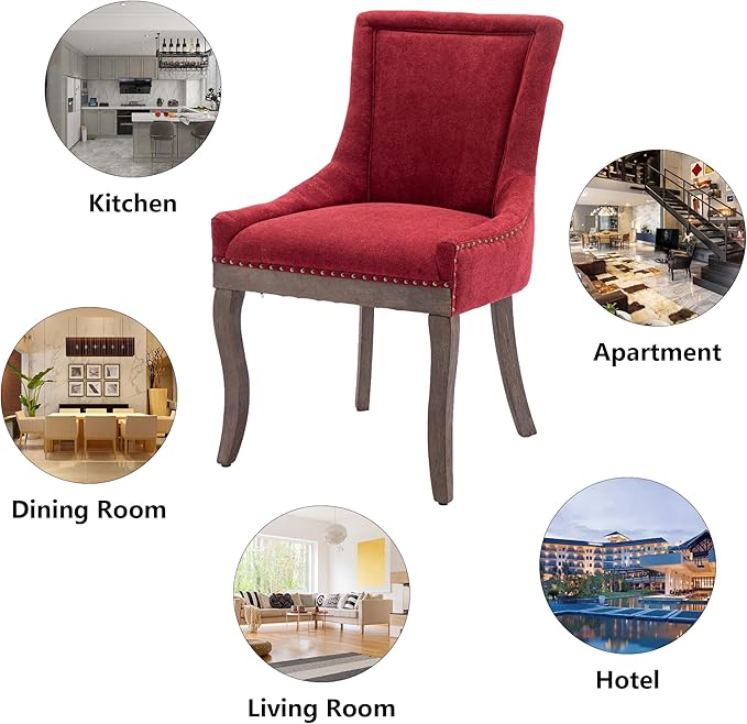 Farmhouse Dining Chairs Set of 6, Upholstered Fabric Dining Room Accent Chairs with Wood Legs & Bronze Nailhead, High Wingback Kitchen Chairs for Living Room Hotel Apartment, Burgundy