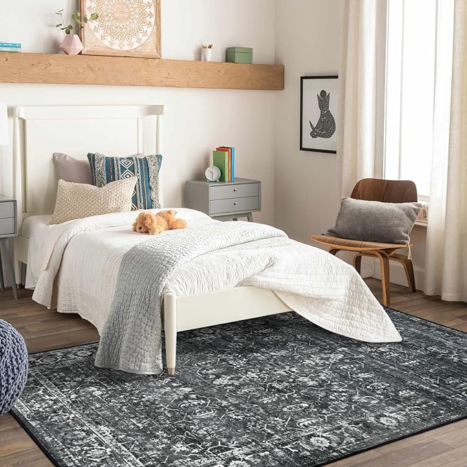 Lahome 5x7 Washable Black Area Rugs for Living Room, Non Slip Bedroom Rug, Stain Resistant Floor Dining Room Carpet for Office Entrance Decor