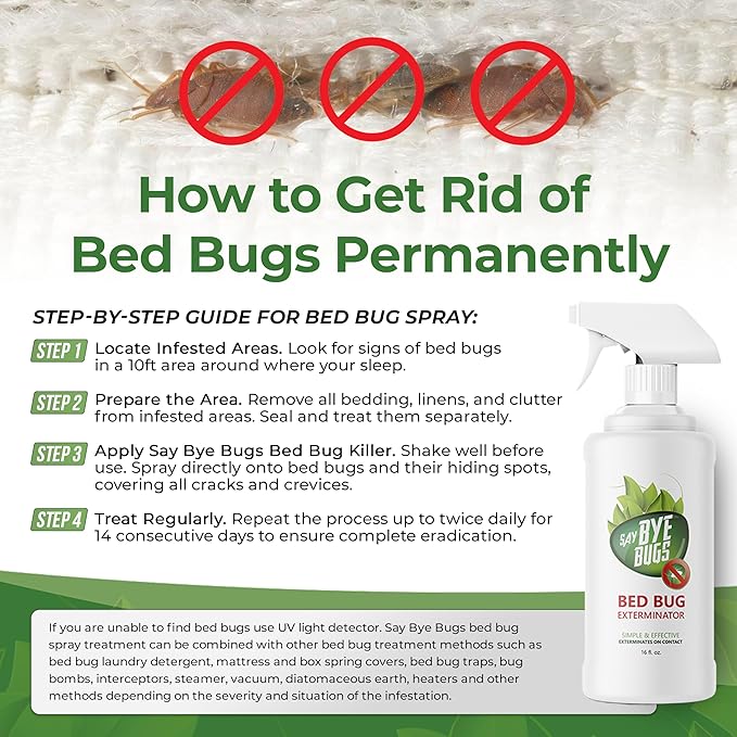 Bed Bug Spray for Getting Rid of Bed Bugs Permanently. Say Bye Bugs - a Non-Toxic, Kills on Contact Treatment That Doesn't Stain & is Odor Free. Simply Shake & Spray. (3X 16oz).