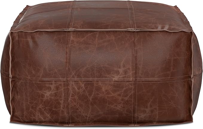 SIMPLIHOME Sheffield Coffee Table Pouf - 26 inch Wide Genuine Leather Square Ottoman in Distressed Brown, Boho-Style Footrest, Coffee Table, or Extra Seating for Living Room or Family Room, Assembled