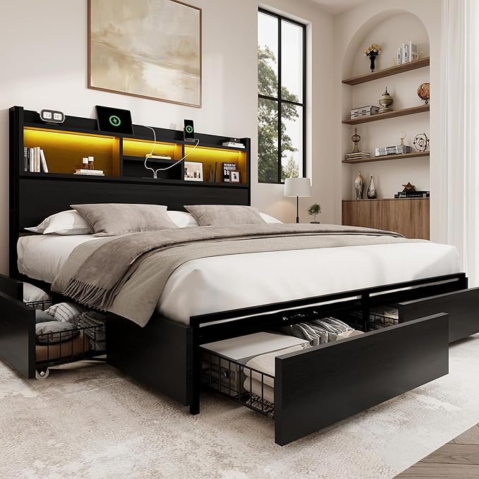 Queen Storage Bed Frame with 6 Drawers, USB Charging Station, No Noise, No Box Spring Required, Vintage Black Headboard Platform Bed