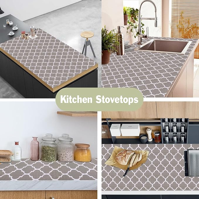 Drawer and Shelf Liner for Kitchen Cabinet: 12 in X 20 Ft Non Slip Waterproof Shelf Paper Non Adhesive Refrigerator Liners Gray Quatrefoil Easy Liners for Bathroom Cupboard with Knife Tape Measure