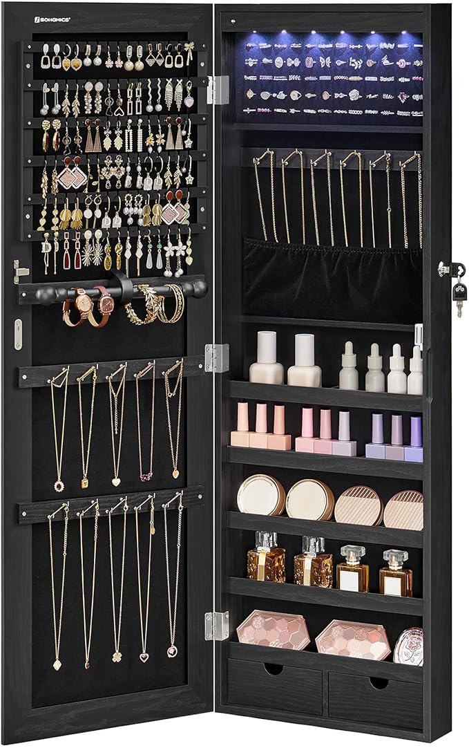 SONGMICS Hanging Jewelry Cabinet, Wall-Mounted Cabinet with LED Interior Lights, Door-Mounted Jewelry Organizer, Full-Length Mirror, Gift Idea, Ink Black UJJC099B01