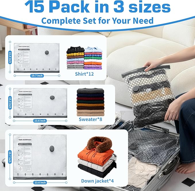 SIHUADON 15PCS Travel Vacuum Bags With Portable Electric Pump