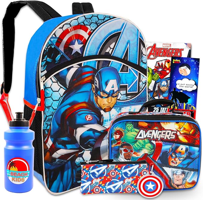 Marvel Captain America Backpack & Lunchbox For Boys - Bundle with 16" Captain America Backpack, Avengers Lunchbox, Tattoos, & More | Avenger School Bag