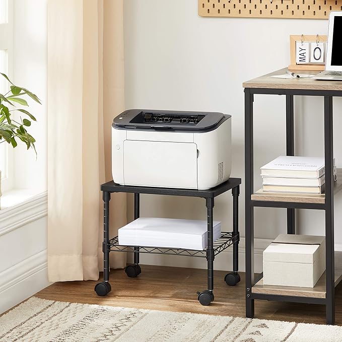 SONGMICS 3 Tier Wide Printer Stand with Wheels, Rolling Printer Table Cart with Metal Storage Shelf, for Home and Office, 16.1 x 12.2 x 15 Inches, Black ULGR301B01