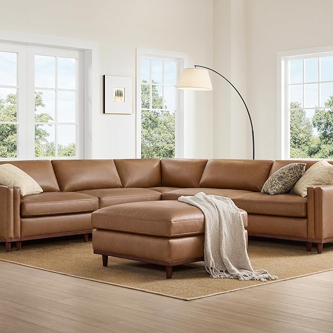 CHITA 114" Super Large Luxury V Shape Corner Sectional Modular Sofa, Down Filled Modern Sofa, Deep Seat Comfty Cloud Couch, 5 Seat Couch with Chaise, Solid Wood Leg, Faux Leather in Camel