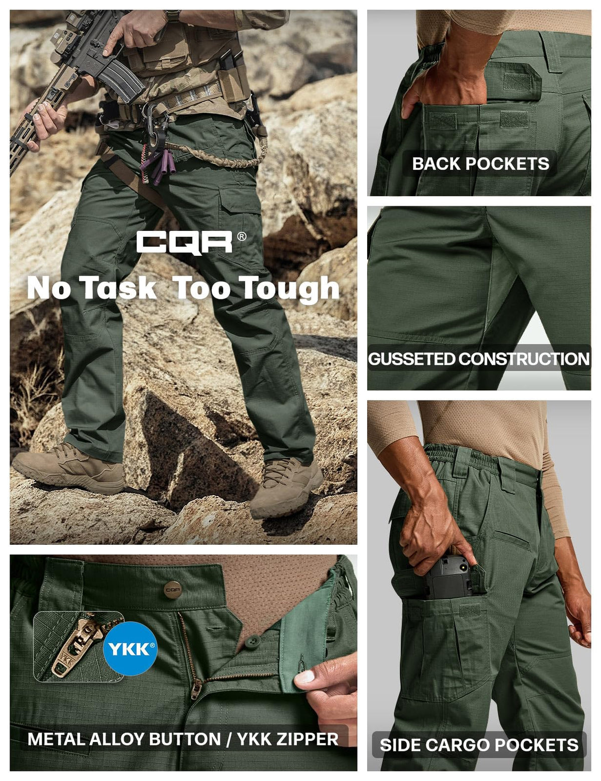CQR Men's Tactical Pants, Water Resistant Ripstop Cargo Pants, Lightweight EDC Work Hiking Pants, Outdoor Apparel, Raider Green Kelp, 32W x 32L