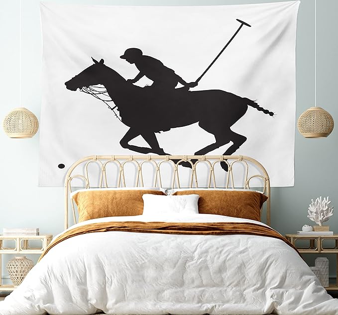 Ambesonne Sports Tapestry King Size, Silhouette Illustration of Polo Player on a Horse Hitting a Ball Print, Wall Hanging Bedspread Bed Cover Wall Decor, King Size, Charcoal Grey