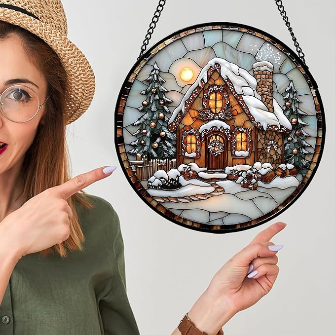 Stained Glass Window Hanging - Christmas Tree Cottage Sun Catcher for Door Garden Home Winter Decor Snowy Night Suncatcher Mother's Day Birthday Gifts for Women Men Mom Nana 11.8 in