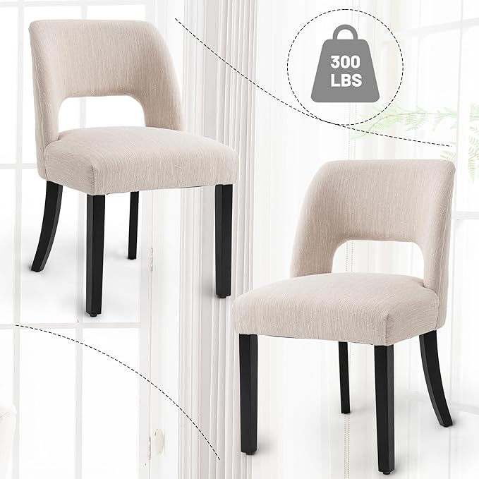 VKNOW Wooden Dining Chairs Set of 2, Modern Fabric Upholstered Dining Room Chair Kitchen Chairs, Farmhouse Dinner Chair for Kitchen Dining Room, Beige-Black Legs