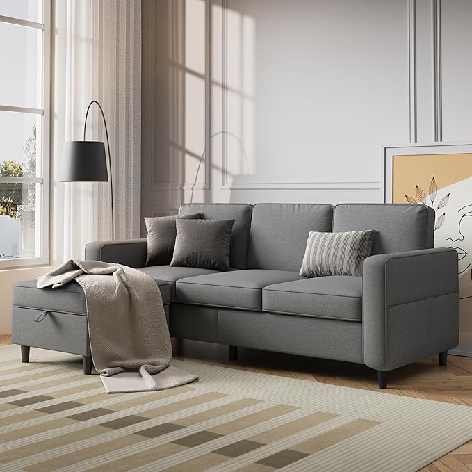 Sectional Sofa Couches for Living Room, 78'' Light Grey 3 Seater L-Shaped Couch with Storage Ottoman, Comfy Fabric Convertible Sectionals Sofas with Chaise for Apartment, Office, Small Space