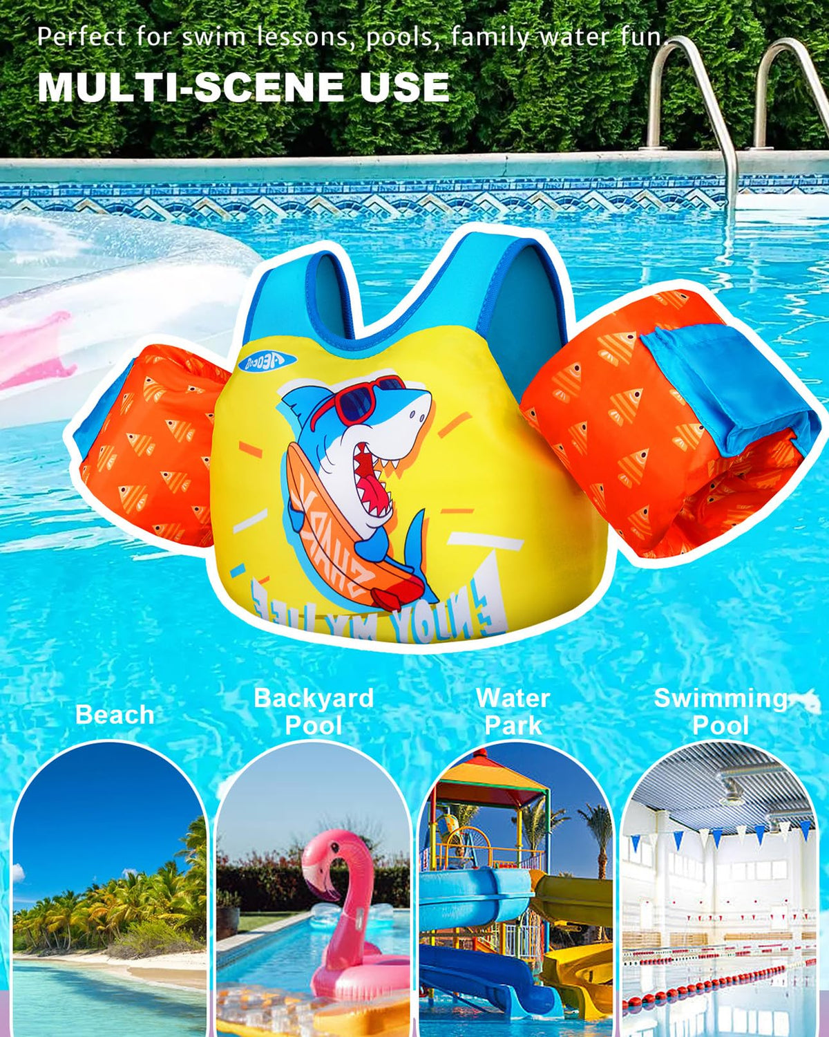 AEOCOO Puddle Float Jumper 20-30 Pounds, Toddler Swim Vest for 1-2 Years Old, Pool Floats with Swimming Arm Floaties Swim Jacket with Water Wings for Kids Swimmies, Boys, Girls, Niños, Shark