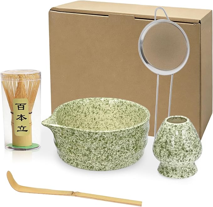 ZaH Matcha Whisk Set - Kit of 5pcs - Matcha Whisk and Bowl, Ceramics Whisk Holder, Bamboo Tea Scoop, Sifter (Light Green)