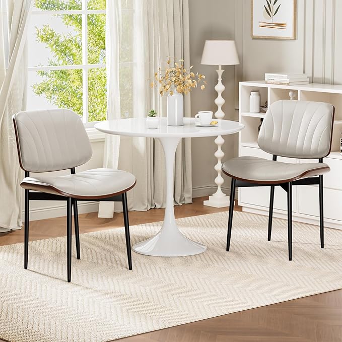 Dining Chairs Set of 4, Mid-Century Modern Upholstered PU Leather Chairs with Walnut Bentwood Back and Metal Legs Adjustable Feet for Kitchen Dining Room, Off-White Shell Strips