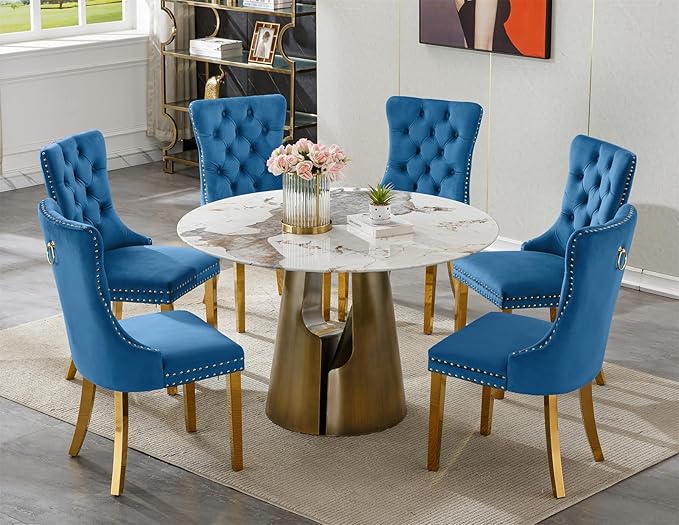 7-Piece Faux Marble Round Dining Table Set for 6, Modern Luxury Kitchen Table Set for 6 with Blue Tufted Chairs,Circle Dining Tables with Pandora Grain Top and Bronze Pedestal Base