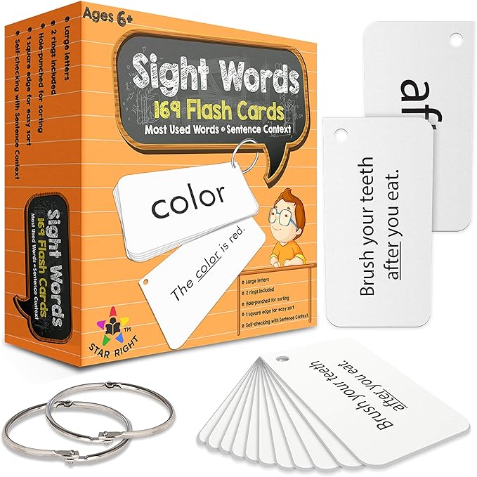 Star Right Education Sight Word Flash Cards, 169 Sight Words and Sentences with 2 Rings