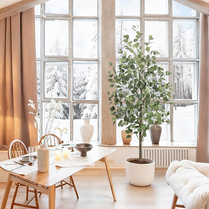 2Packs Faux Eucalyptus Tree 5FT Tall Artificial Eucalyptus Tree Indoor Outdoor, Fake Eucalyptus Plant with Green Silver Dollars Silk Leave, Fake Floor Plants, Present for Friend Housewarming Decor