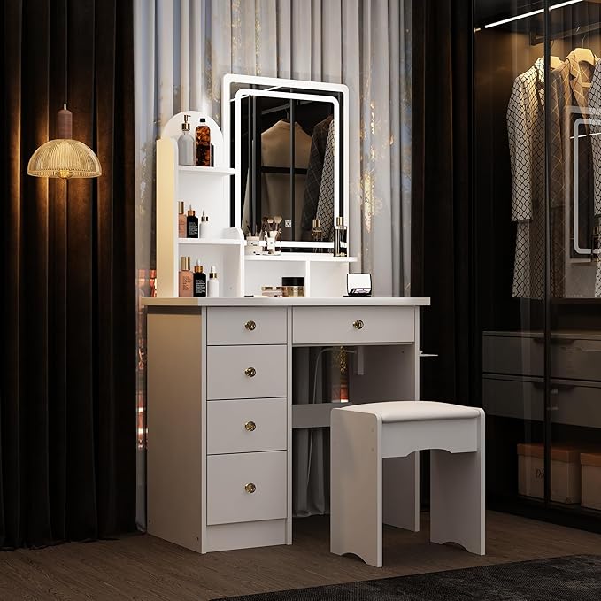 ECACAD Vanity Desk, Vanity Table Set with LED Lighted Mirror, Makeup Vanity Dressing Table with Drawers, Storage Shelves, Crystal Handles and Cushioned Stool, White