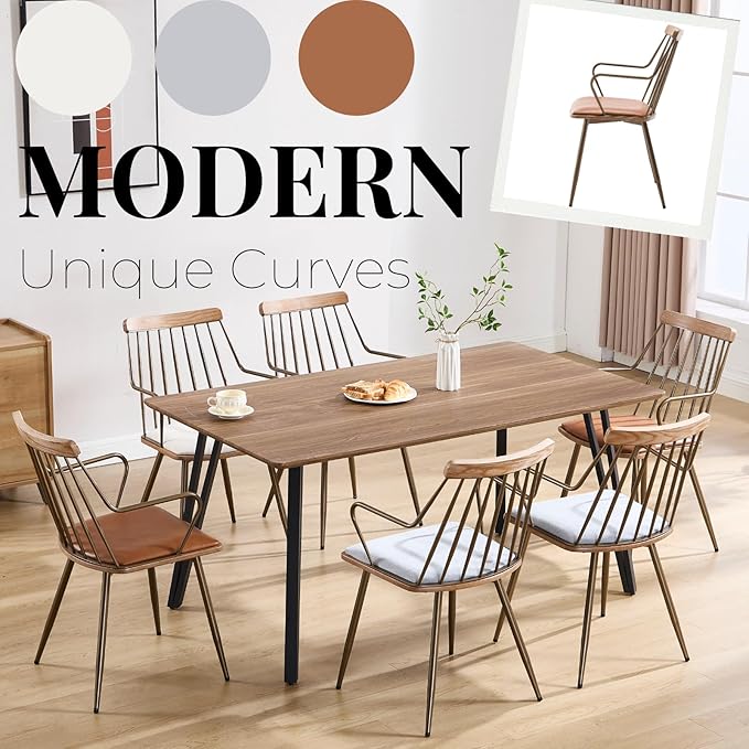 Modern Dining Chairs Set of 4, PU Upholstered Dining Chairs with Metal Legs, Wood Kitchen Chairs with Fence-Like Back and Curved Arm for Dining Room Kitchen Restaurant Reception (Brown)