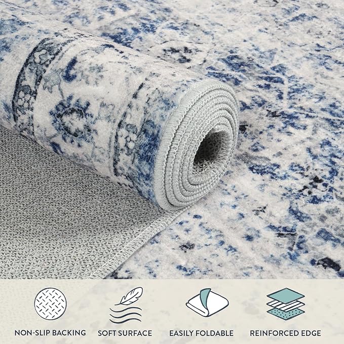 Lahome Vintage 8x10 Rugs for Living Room, Large Washable Rug for Bedroom Office, Boho Distressed Dining Room Rug Soft Stain Resistant Low Pile Accent Carpet for Home Playroom (8'x 10', Blue)