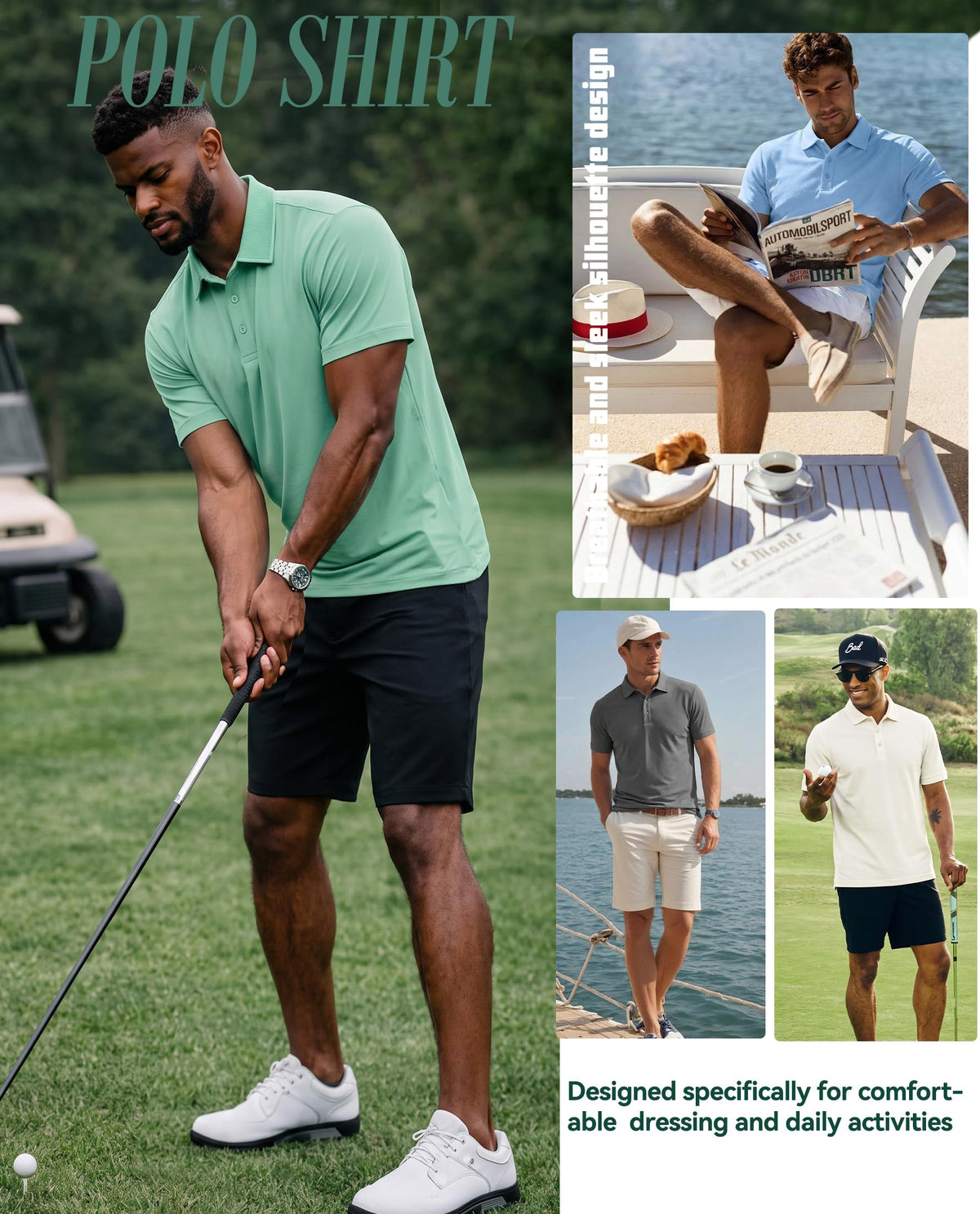 PEGENO Golf Shirts for Men Lightweight Moisture Wicking Short Sleeve Performance Dry Fit Active Mens Polo Shirts White L