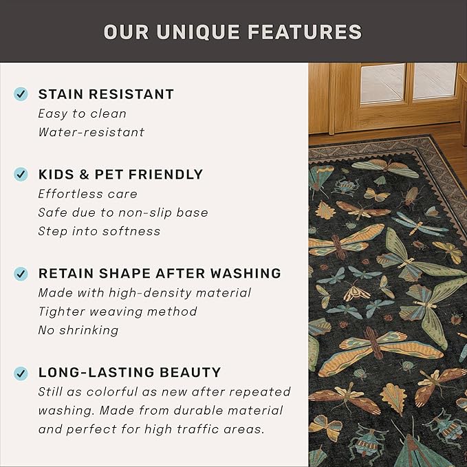 Black Boho 4ft Round Small Rugs for Entryway Non Slip - Washable Insect & Floral Rug for Living Room, Kitchen, Low Pile Soft Stain Resistant Carpet, Vintage Indoor Décor