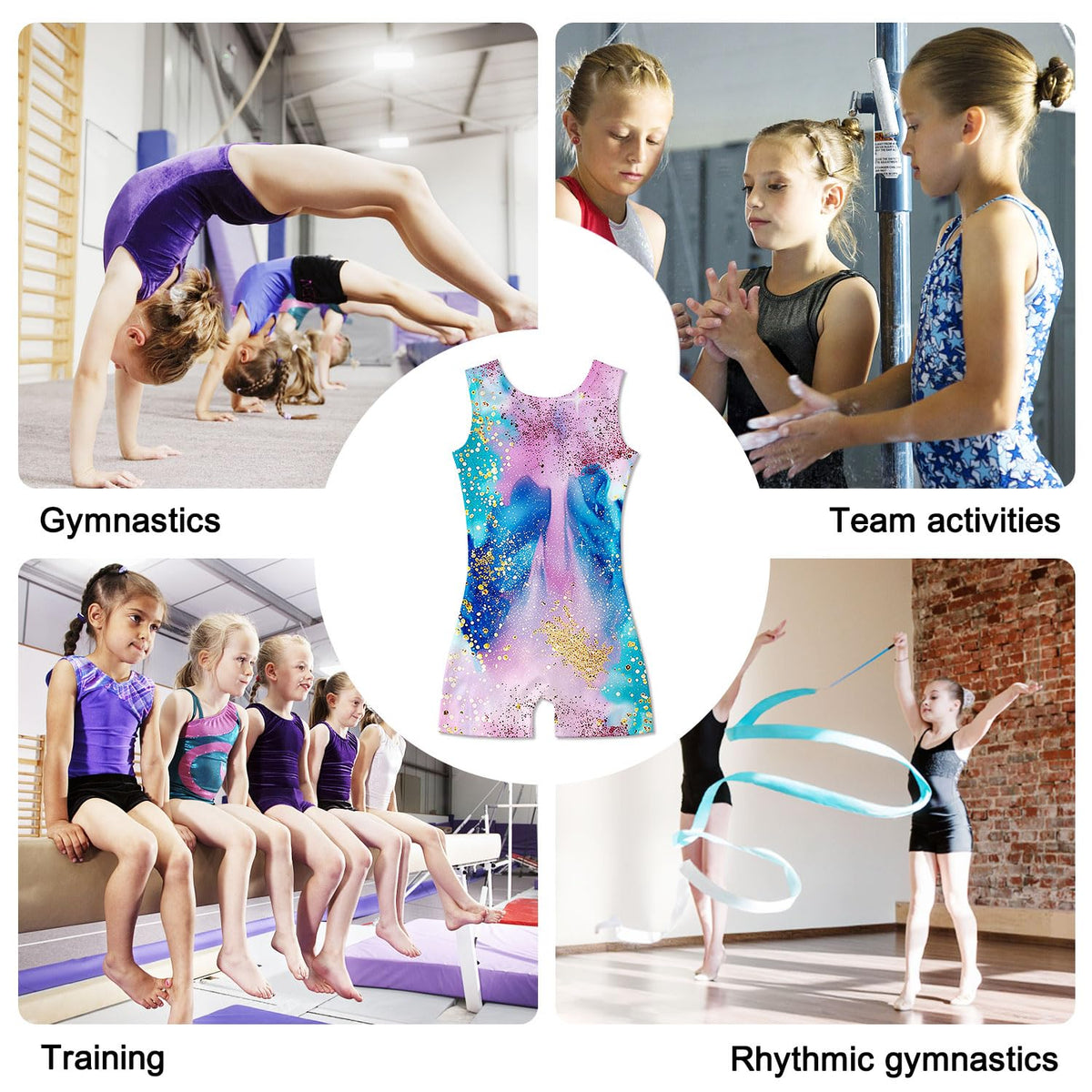 Funnycokid Gymnastics Leotards for Girls Toddler Outfits Dance Unitards Clothes with Shorts, Diamond Blue Pink, 3-4T