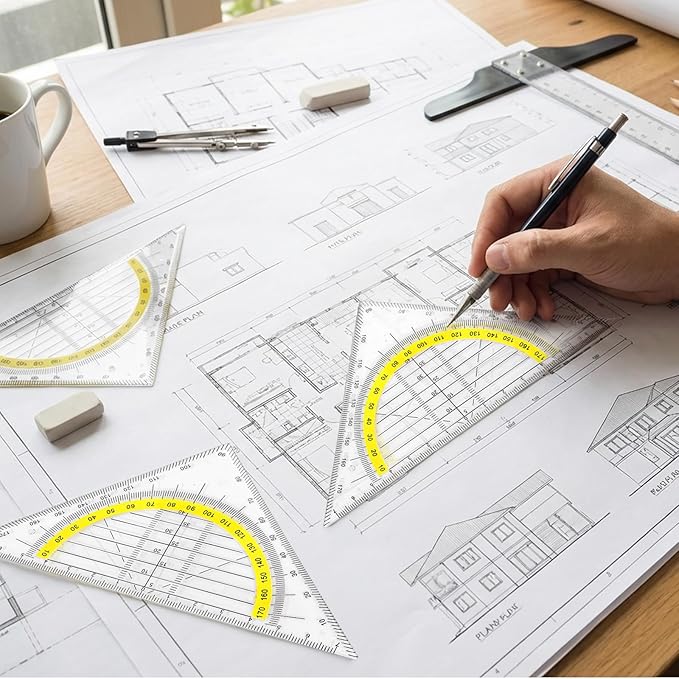 10 Pcs Multifunctional Triangle Ruler Set, Transparent Plastic Geometry Rulers with Protractor, Set Squares, and Drafting Tools for Architects, Designers, Engineers, Students, and Art Drawing