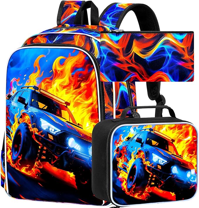 KLFVB 3PCS School Backpack Set, 17" Boys Truck Bookbag and Lunch Box, Water Resistant School Backpacks for Teenagers Middle Elementary - Flame Truck